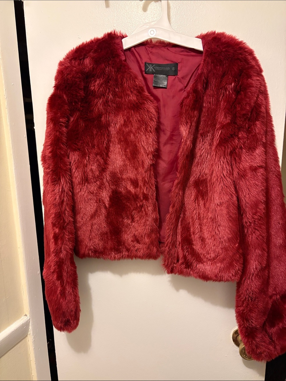 Kardashian Kollection Deep Red Faux Fur Open-Front Jacket
